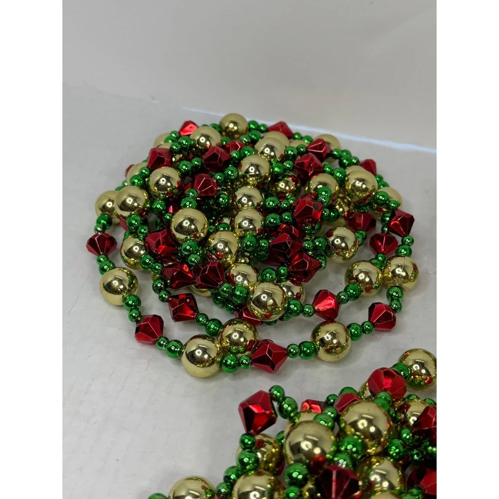 Vintage Christmas Tree Garland Red Gold Green Beaded 3 Strand Lot 9' Plastic